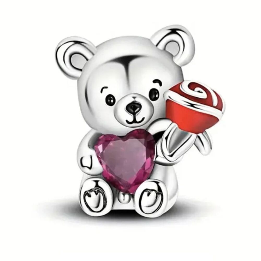 NWOT Teddy Bear Holding a Heart & Rose Love Pandora FIT Silver Charm